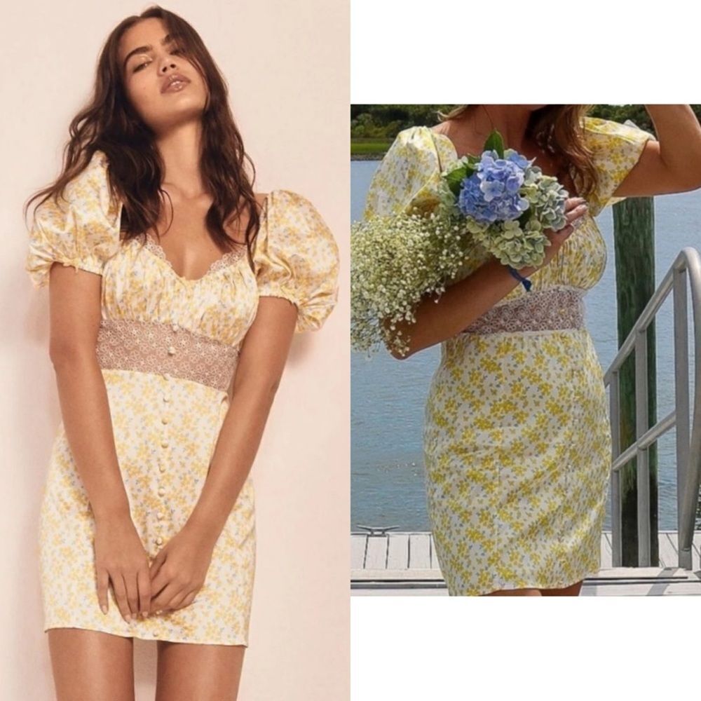 NWT For Love and Lemons Daffodil Mini Yellow Dress Puff Sleeve in Floral Size XS